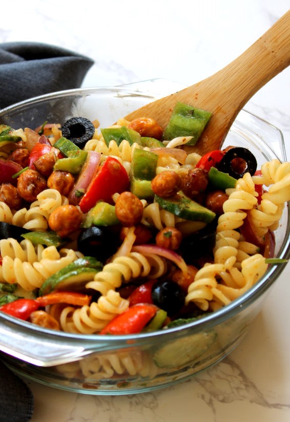 easy to make Mediterranean Chickpea Pasta Salad for potluck or picnic recipes