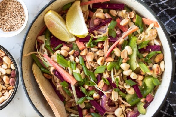 thai peanut pasta salad recipe - a bowl filled with vegan healthy peanut pasta salad vegan peanut sauce-min