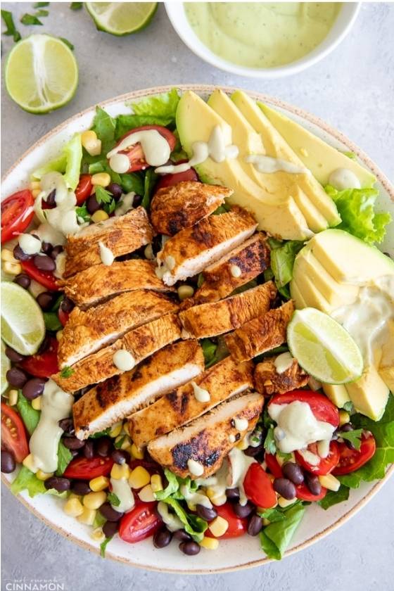 Chicken salad with avocado, corn, and bean