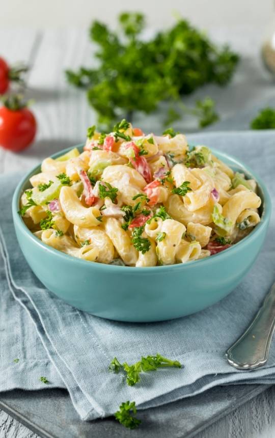 classic Macaroni Salad with veggies and mayo and greek yogurt salad dressing