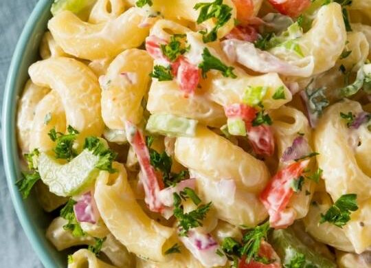macaroni salad bowl with easy creamy mayo dressing