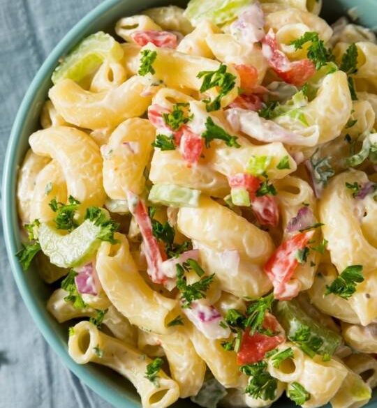 macaroni salad bowl with easy creamy mayo dressing