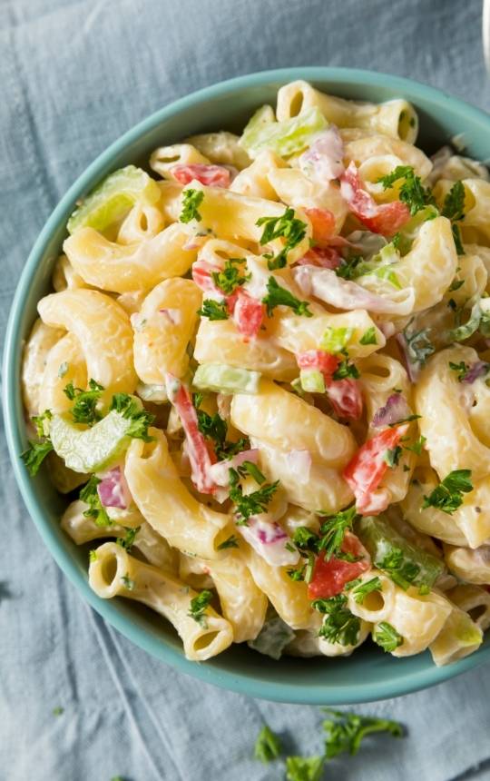 macaroni salad bowl with easy creamy mayo dressing