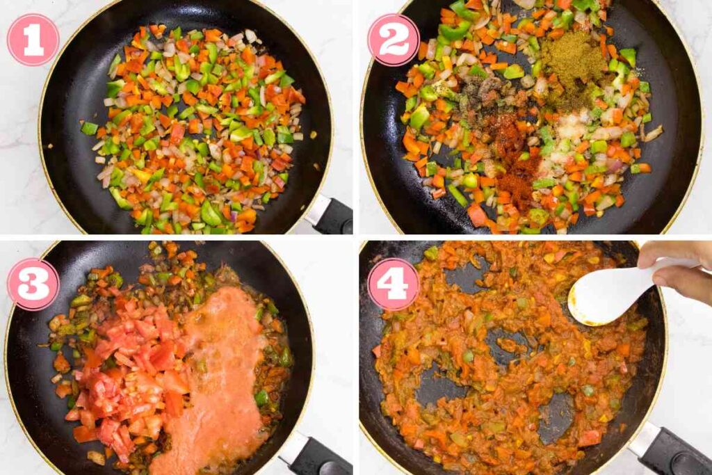 Collage of 4 images showing how to make shakshuka in one pan