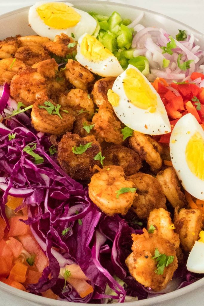 Juicy Cajun Shrimp cobb salad close-up