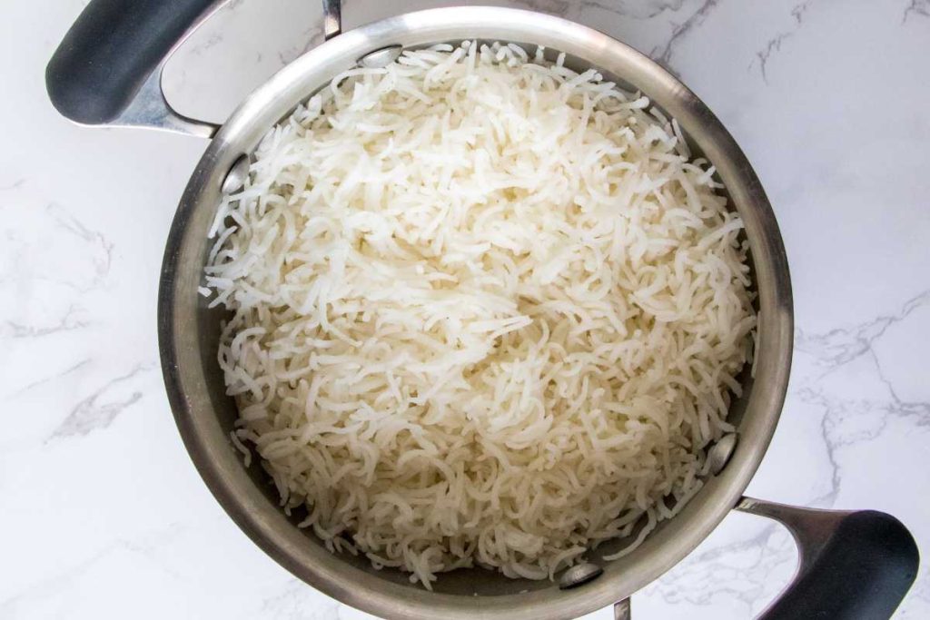 large pot filled with cooked white rice