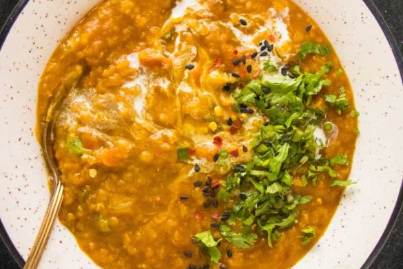 red lentil soup recipe served on a white bowl