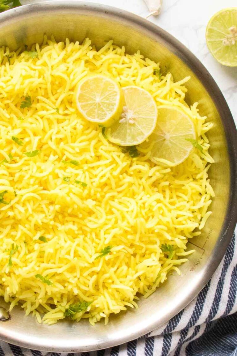 close up of lemon rice with lemon slices