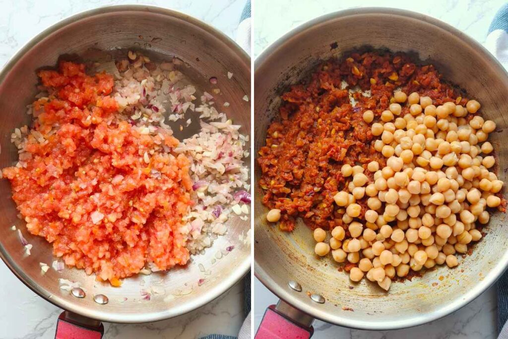 steps to make creamy coconut chickpea curry images showing the inital process of sauting the aromatic and then cooking the canned tomatoes and chickpeas